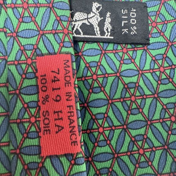 Hermes Silk Tie Style 7149 HA Green Blue Red Geometric - Picture 5 of 10